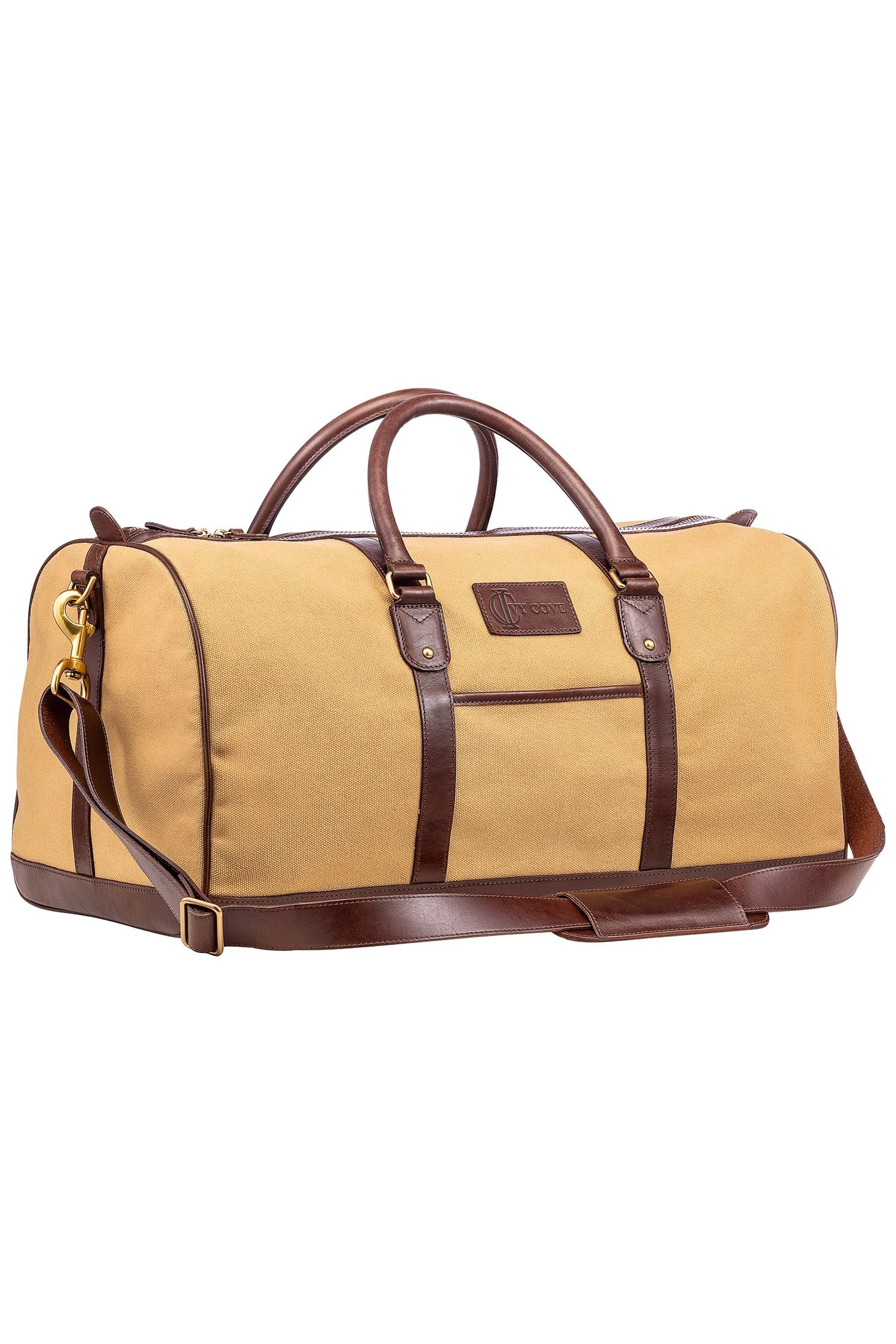 Beige duffel bag with brown leather straps and trim on a white background