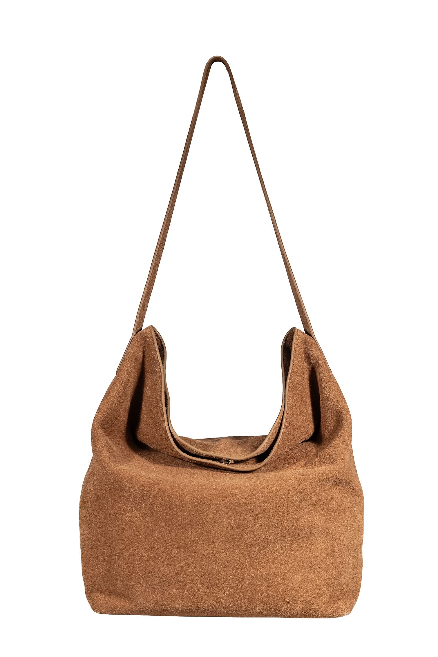 Suede leather hobo bag with shoulder strap, front view