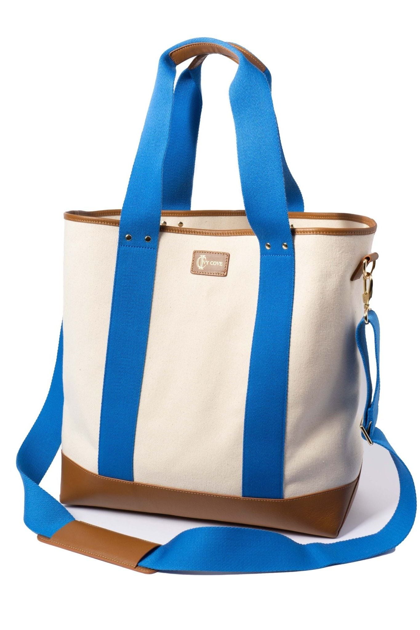 Saltwater Canvas Beach Tote Bag in Natural/Cobalt — women's canvas tote with leather trim by Ivy Cove