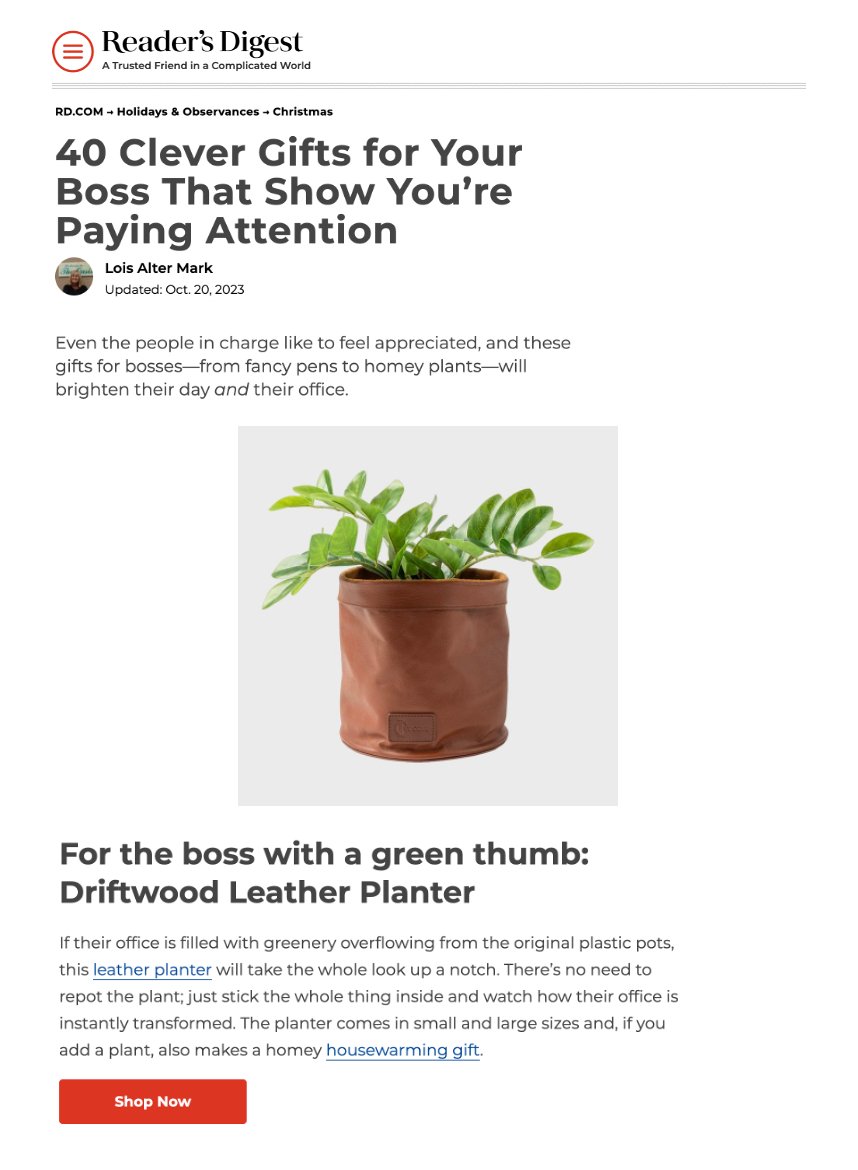 Gift Ideas For Your Boss From Reader's Digest Featuring the Driftwood Planter - Ivy Cove Montecito