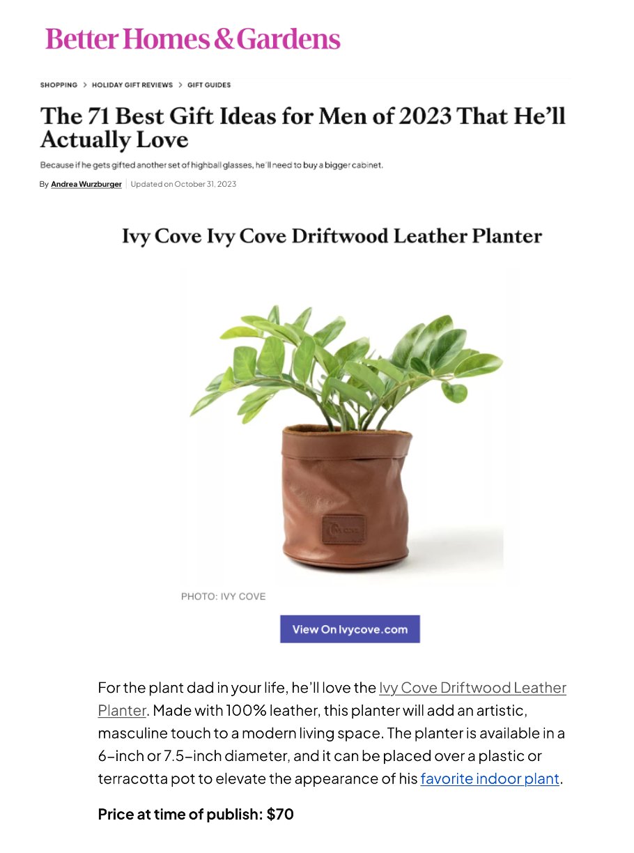 Our Driftwood Leather Planter Gets Love From Better Home & Gardens - Ivy Cove Montecito