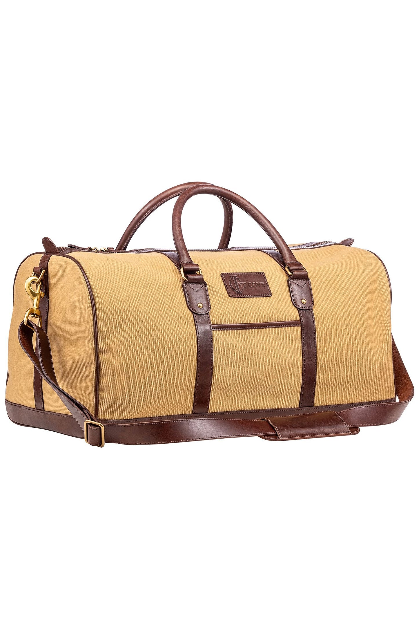 Beige duffel bag with brown leather straps and trim on a white background