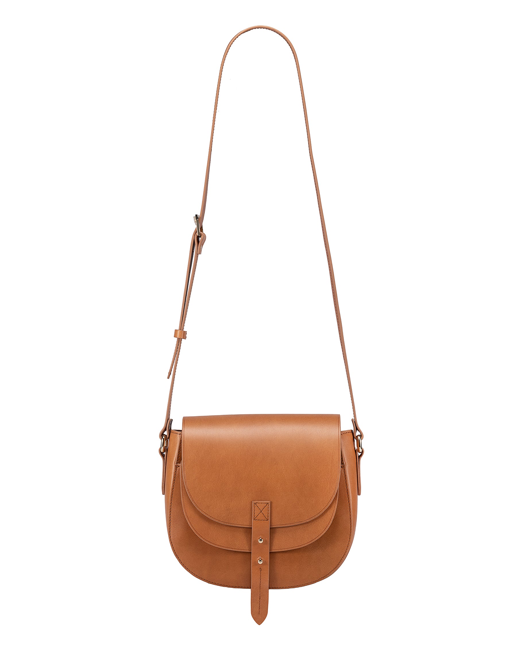 Equestrian leather crossbody bag in saddle tan by Ivy Cove, front view with adjustable strap extended