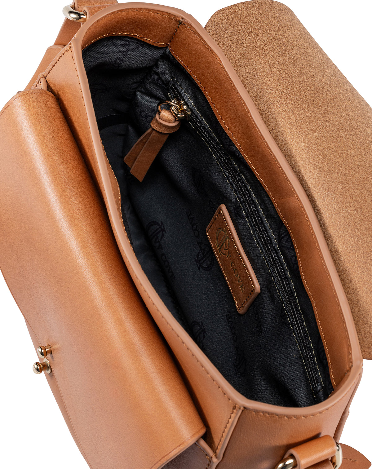 Interior of the Equestrian crossbody bag showing the lined interior and zip pocket