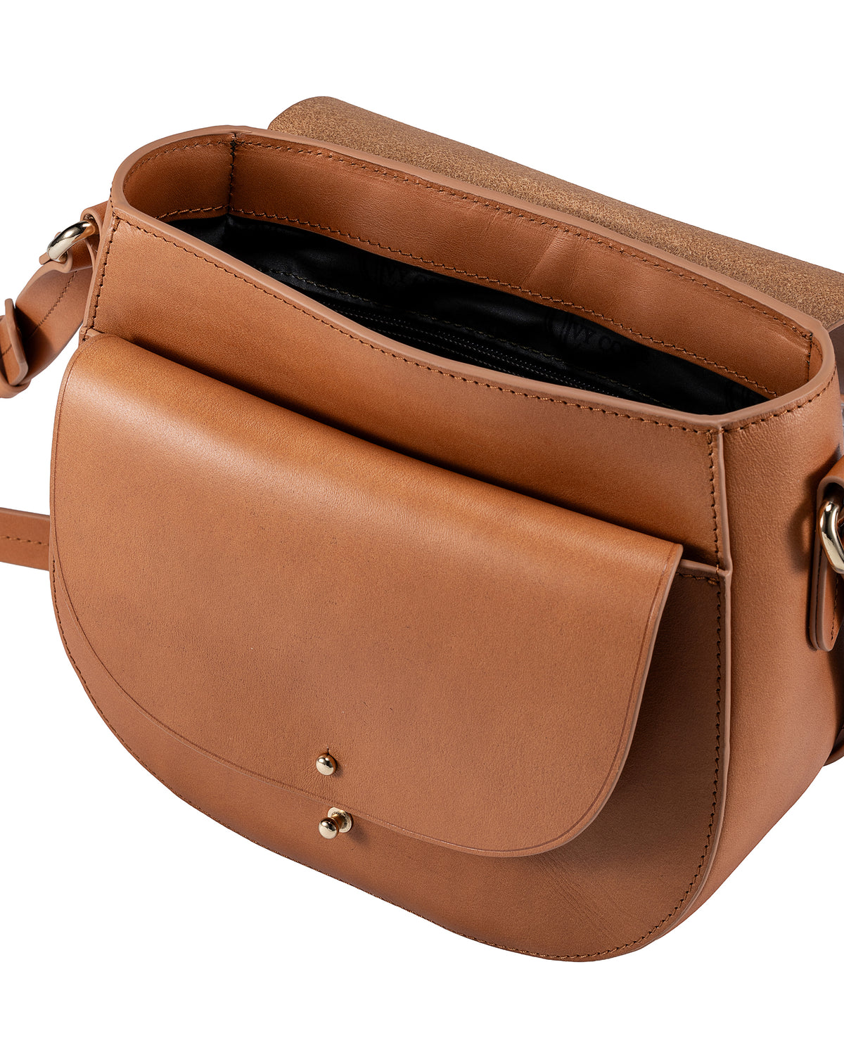 Equestrian crossbody bag with the flap open, showing the lined main compartment