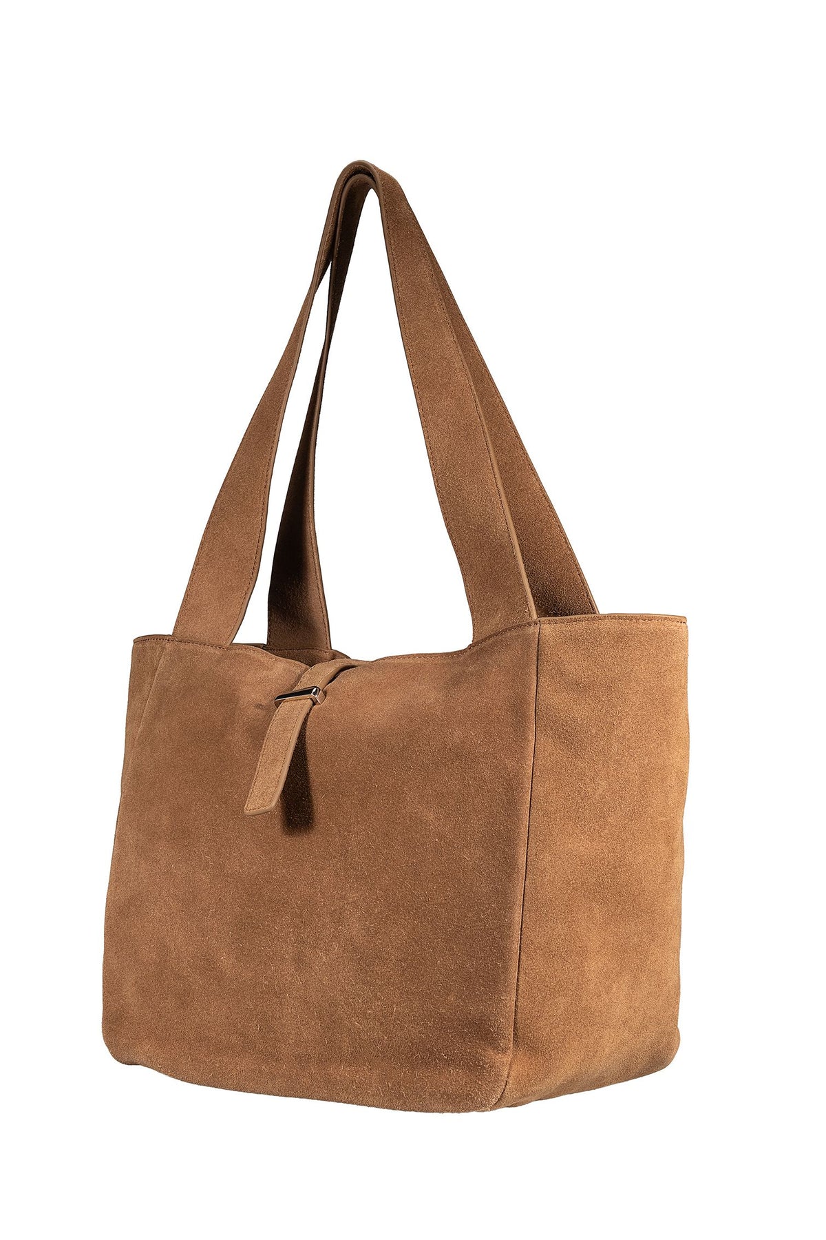 Suede leather tote bag with strap closure, side view