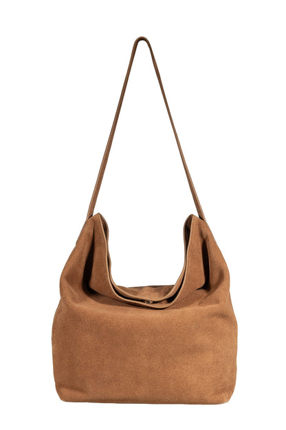Suede leather hobo bag with shoulder strap, front view