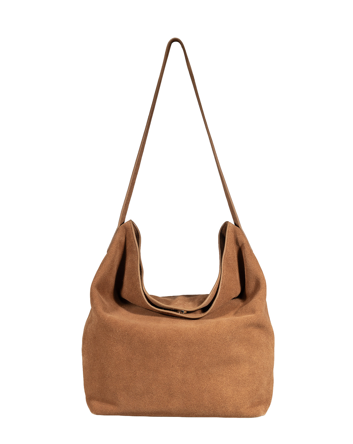 Suede leather hobo bag with shoulder strap, front view