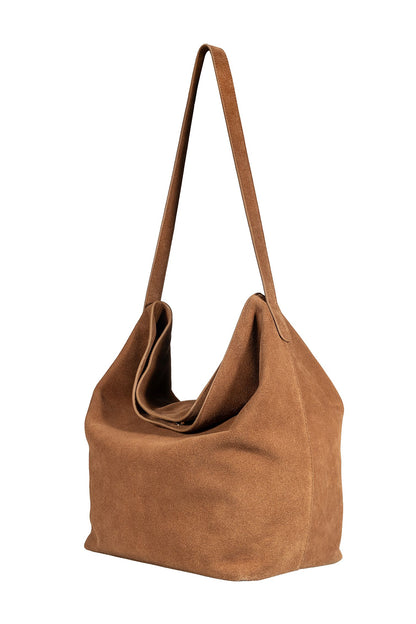 Cognac suede hobo bag with soft slouchy silhouette