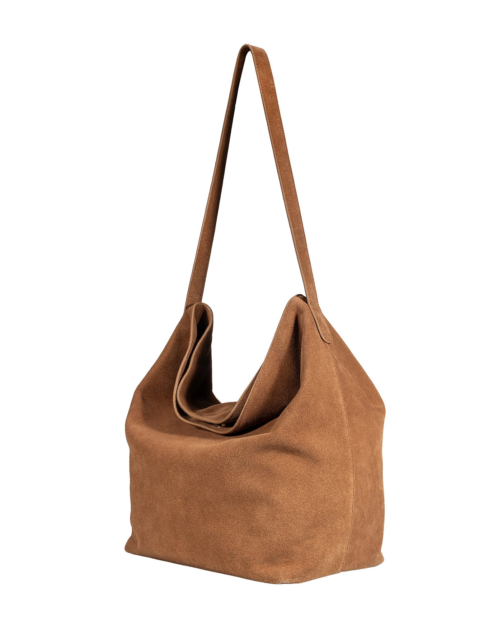 Suede leather hobo bag with shoulder strap, front view