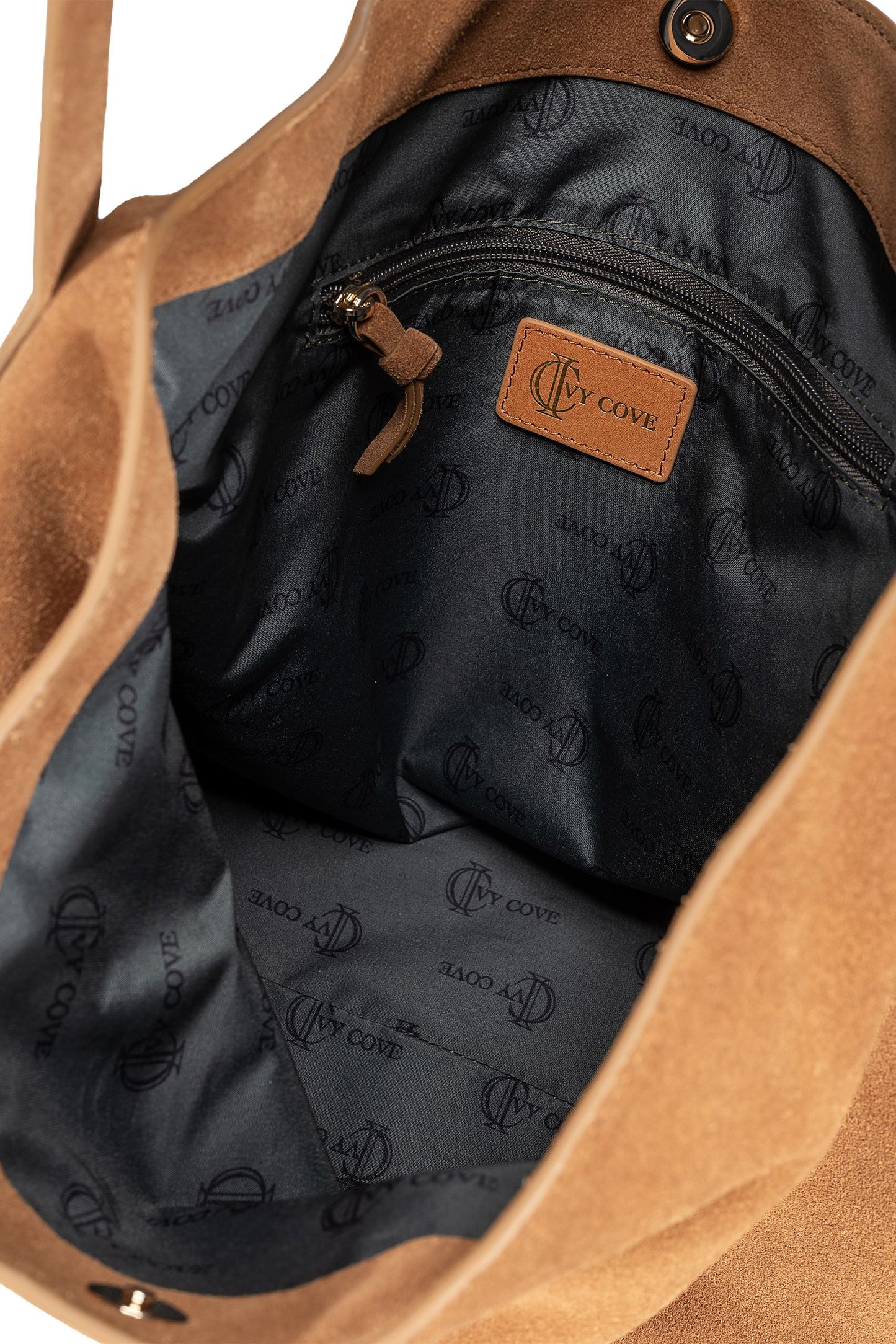 Close-up of suede texture with leather trim detail and interior detail