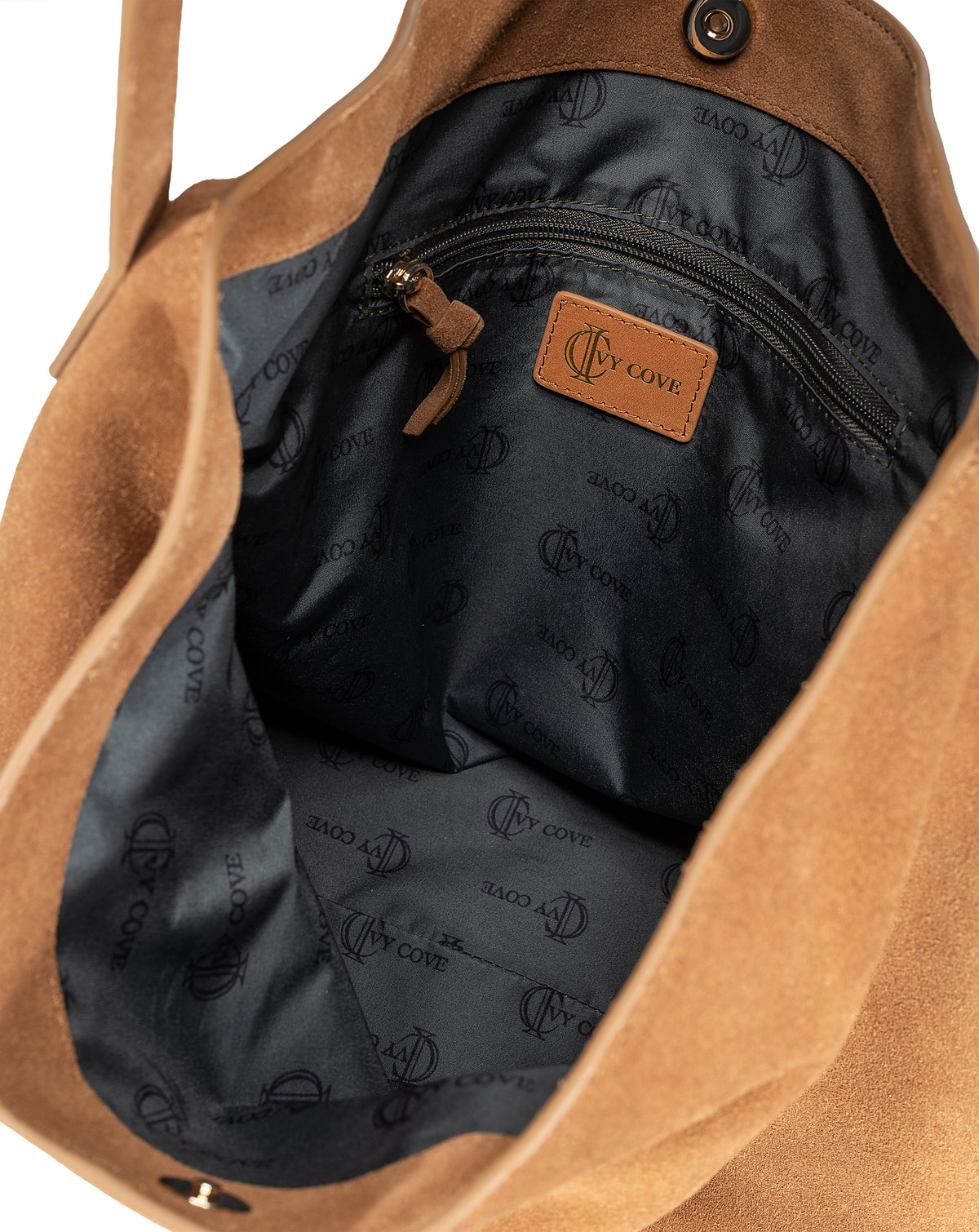 Close-up of suede texture with leather trim detail and interior detail