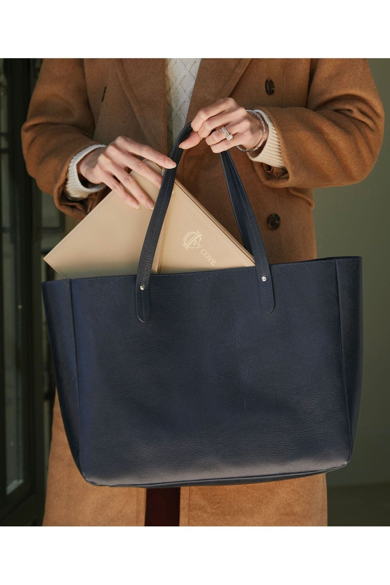 East West Leather Tote Bag for Women – Navy | Ivy Cove - Ivy Cove