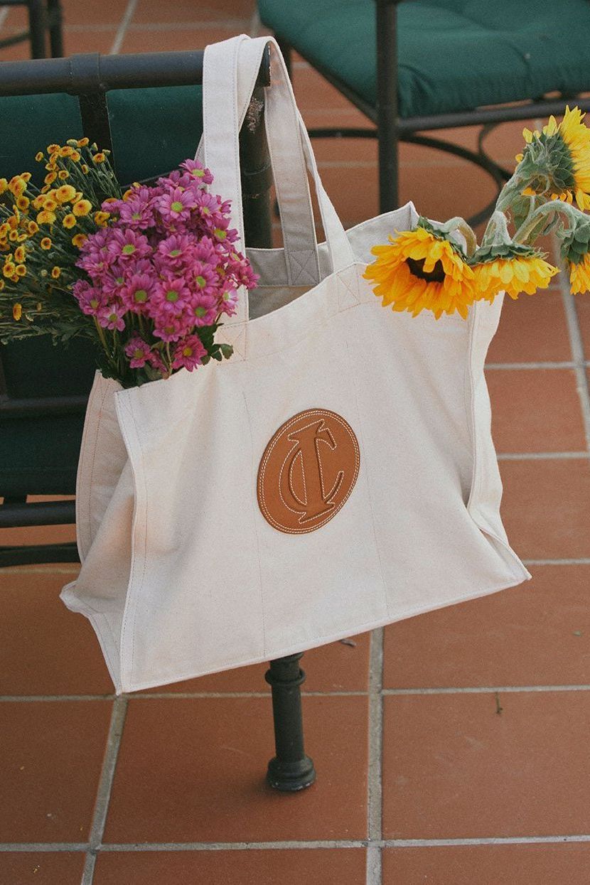 Natural canvas market tote with flowers