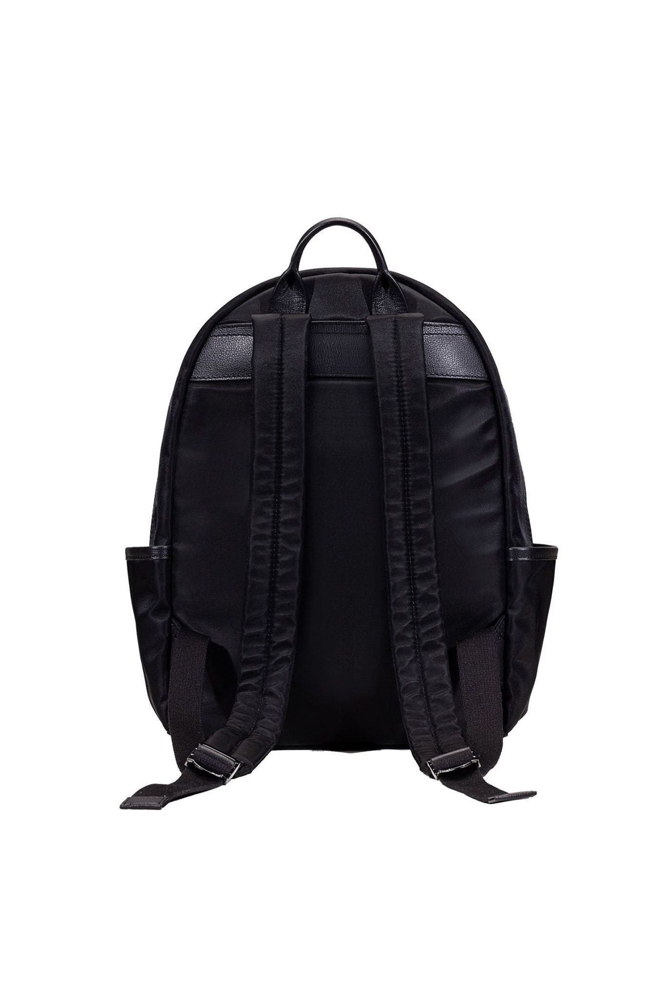 Ergonomic back panel and adjustable straps on the black nylon Nomad Backpack.